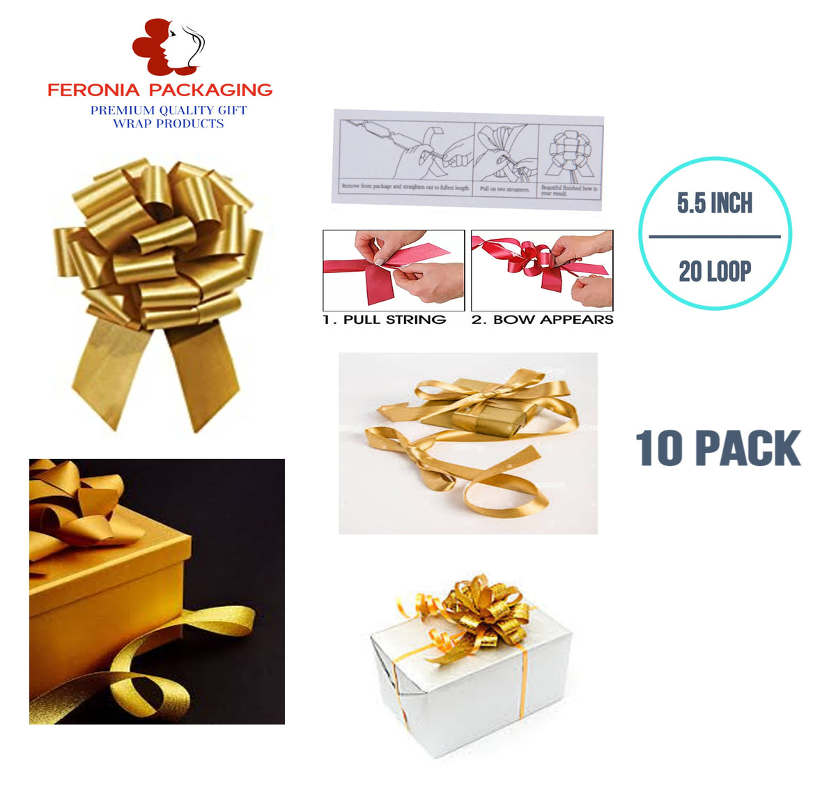 Feronia Packaging 10 Pieces Pull Bow for Gift Wrapping Gift Bows