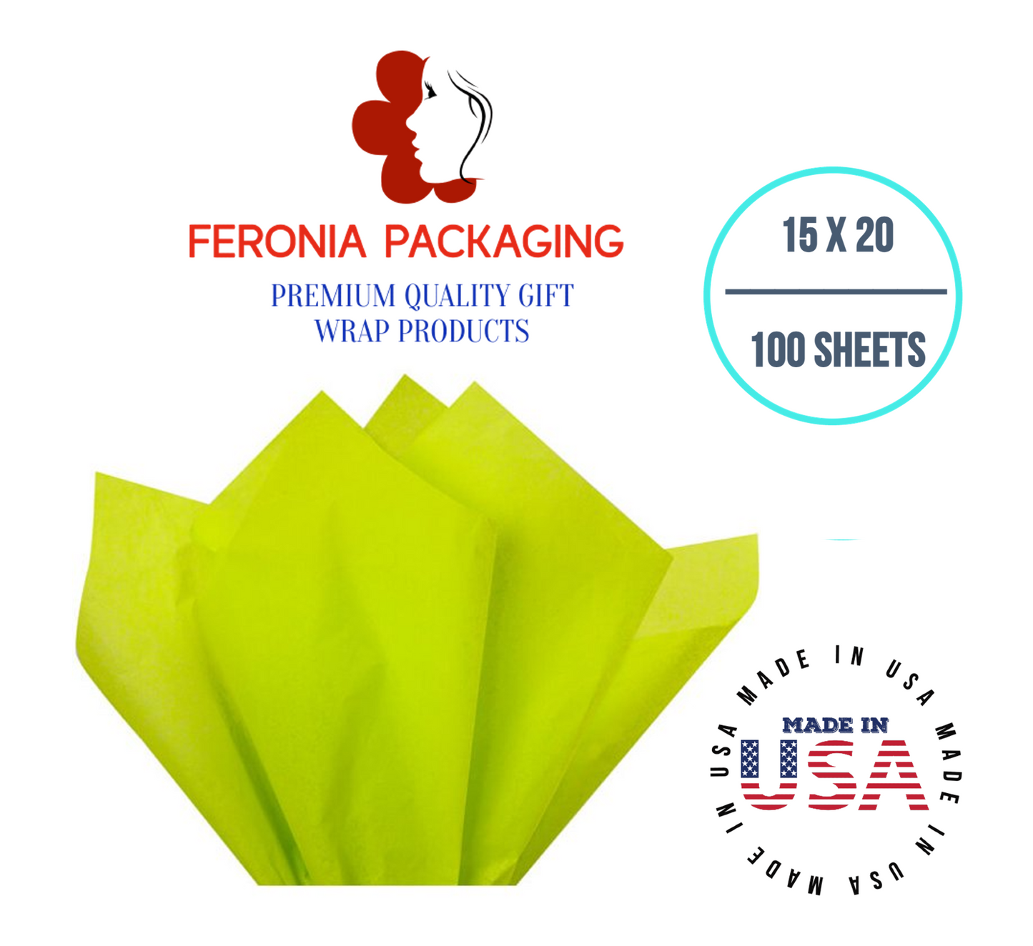 Citrus Green Tissue Paper Squares, Bulk 100 Sheets, Premium Gift Wrap and Art Supplies for Birthdays, Holidays, or Presents by Feronia packaging, Large 15 Inch x 20 Inch