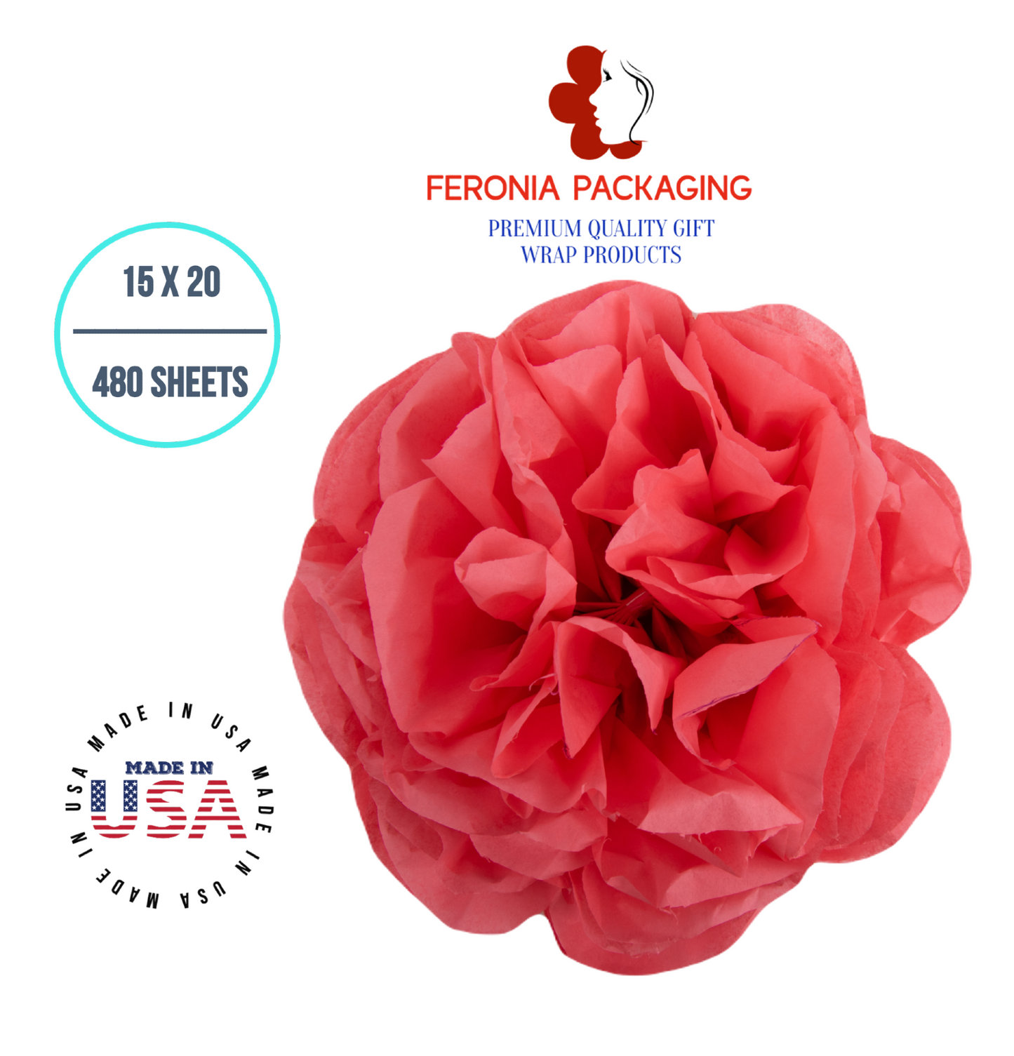 Coral Rose Tissue Paper Squares, Bulk 480 Sheets, Premium Gift Wrap and Art Supplies for Birthdays, Holidays, or Presents by Feronia packaging, Large 15 Inch x 20 Inch