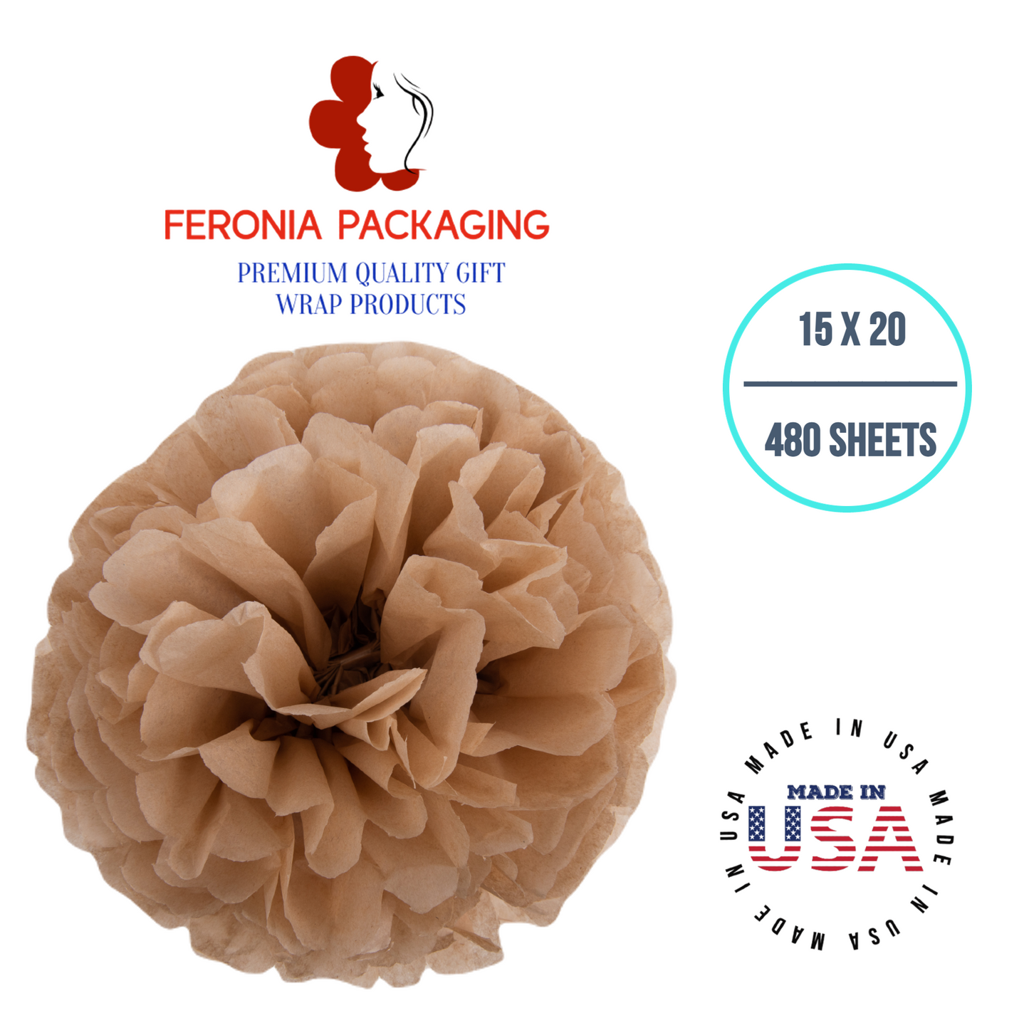 Desert Tan Tissue Paper Squares, Bulk 480 Sheets, Premium Gift Wrap and Art Supplies for Birthdays, Holidays, or Presents by Feronia packaging, Large 15 Inch x 20 Inch