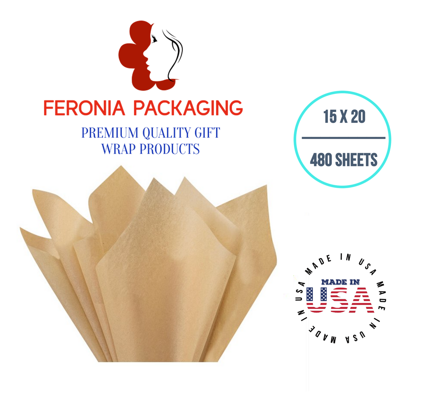 Desert Tan Tissue Paper Squares, Bulk 480 Sheets, Premium Gift Wrap and Art Supplies for Birthdays, Holidays, or Presents by Feronia packaging, Large 15 Inch x 20 Inch