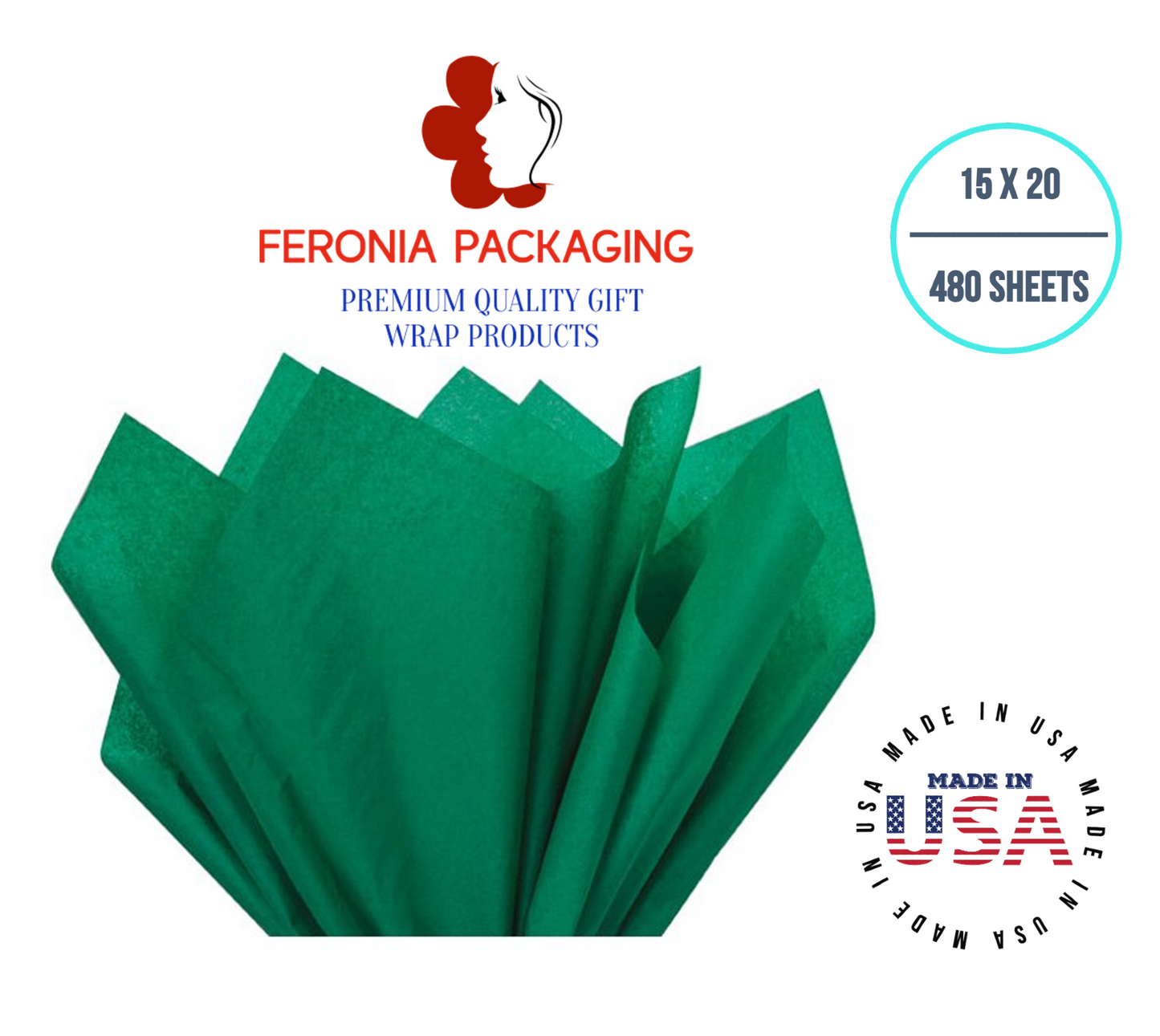Emeralad Green Tissue Paper Squares, Bulk 480 Sheets, Premium Gift Wrap and Art Supplies for Birthdays, Holidays, or Presents by Feronia packaging, Large 15 Inch x 20 Inch