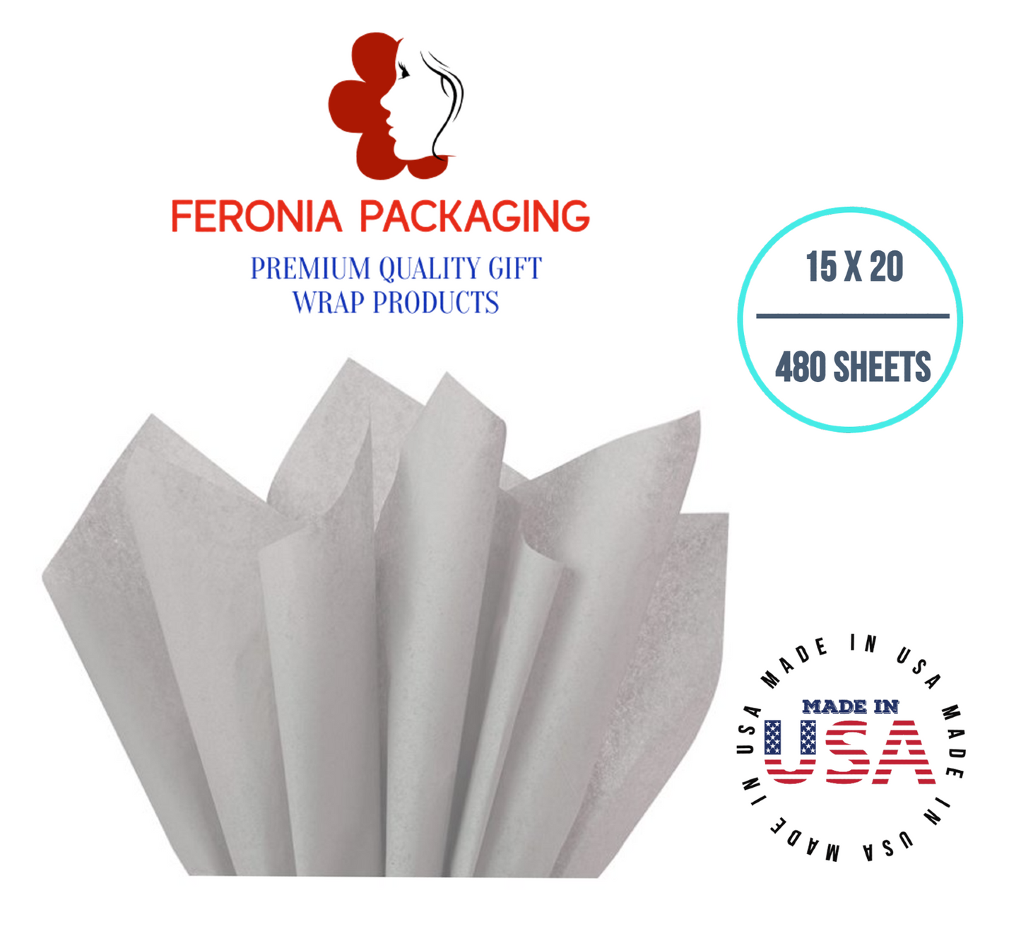 Gray Tissue Paper Squares, Bulk 480 Sheets, Premium Gift Wrap and Art Supplies for Birthdays, Holidays, or Presents by Feronia packaging, Large 15 Inch x 20 Inch