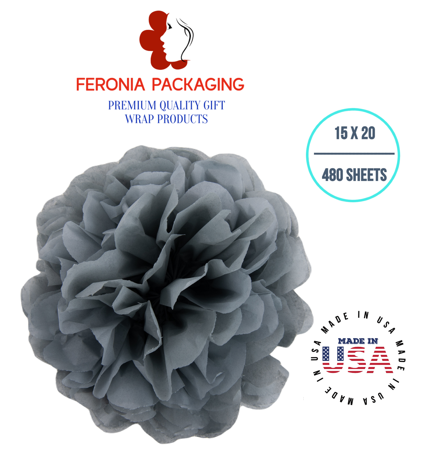 Gray Tissue Paper Squares, Bulk 480 Sheets, Premium Gift Wrap and Art Supplies for Birthdays, Holidays, or Presents by Feronia packaging, Large 15 Inch x 20 Inch