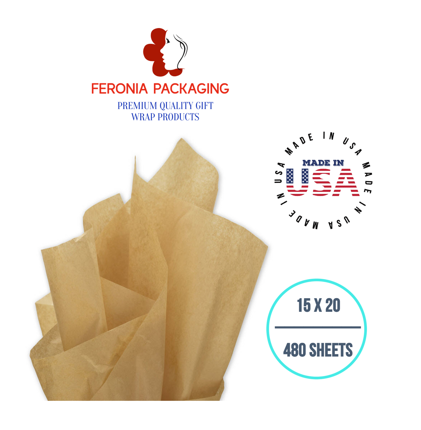 Solid Kraft Tissue Paper Squares, Bulk 480 Sheets, Premium Gift Wrap and Art Supplies for Birthdays, Holidays, or Presents by Feronia packaging, Large 15 Inch x 20 Inch
