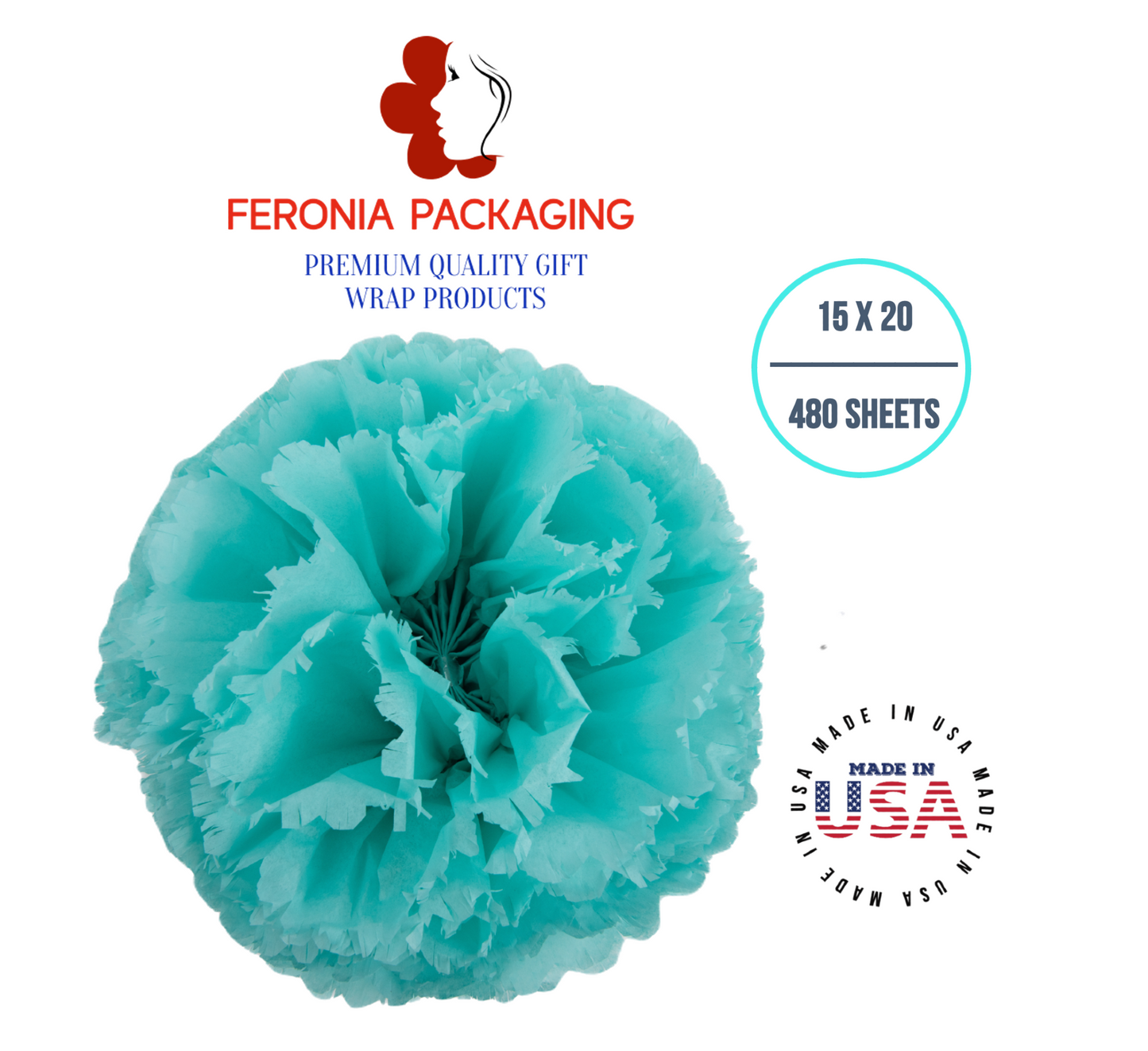 Aqua Blue Tissue Paper Squares, Bulk 480 Sheets, Premium Gift Wrap and Art Supplies for Birthdays, Holidays, or Presents by Feronia packaging, Large 15 Inch x 20 Inch