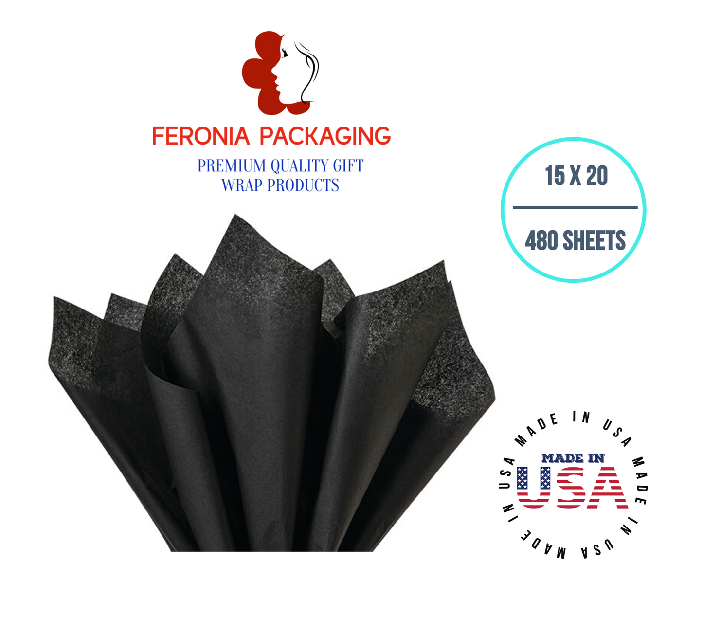 Black Tissue Paper Squares, Bulk 480 Sheets, Premium Gift Wrap and Art Supplies for Birthdays, Holidays, or Presents by Feronia packaging, Large 15 Inch x 20 Inch