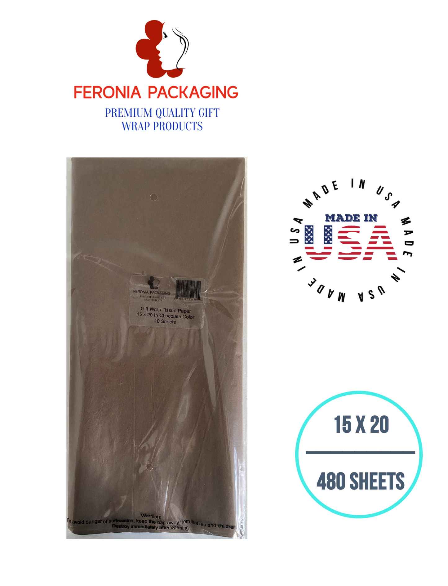 Chocolate Tissue Paper Squares, Bulk 480 Sheets, Premium Gift Wrap and Art Supplies for Birthdays, Holidays, or Presents by Feronia packaging, Large 15 Inch x 20 Inch