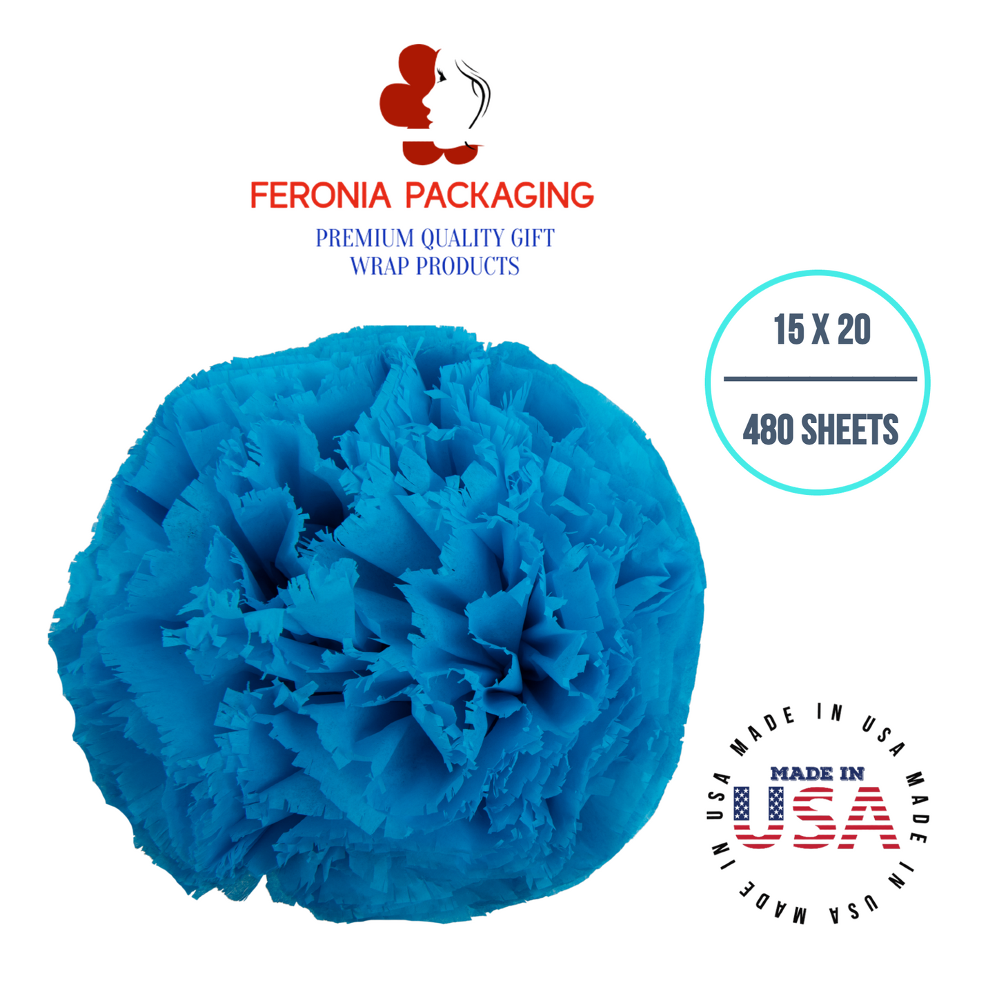 Turquoise Blue Tissue Paper Squares, Bulk 480 Sheets, Premium Gift Wrap and Art Supplies for Birthdays, Holidays, or Presents by Feronia packaging, Large 15 Inch x 20 Inch