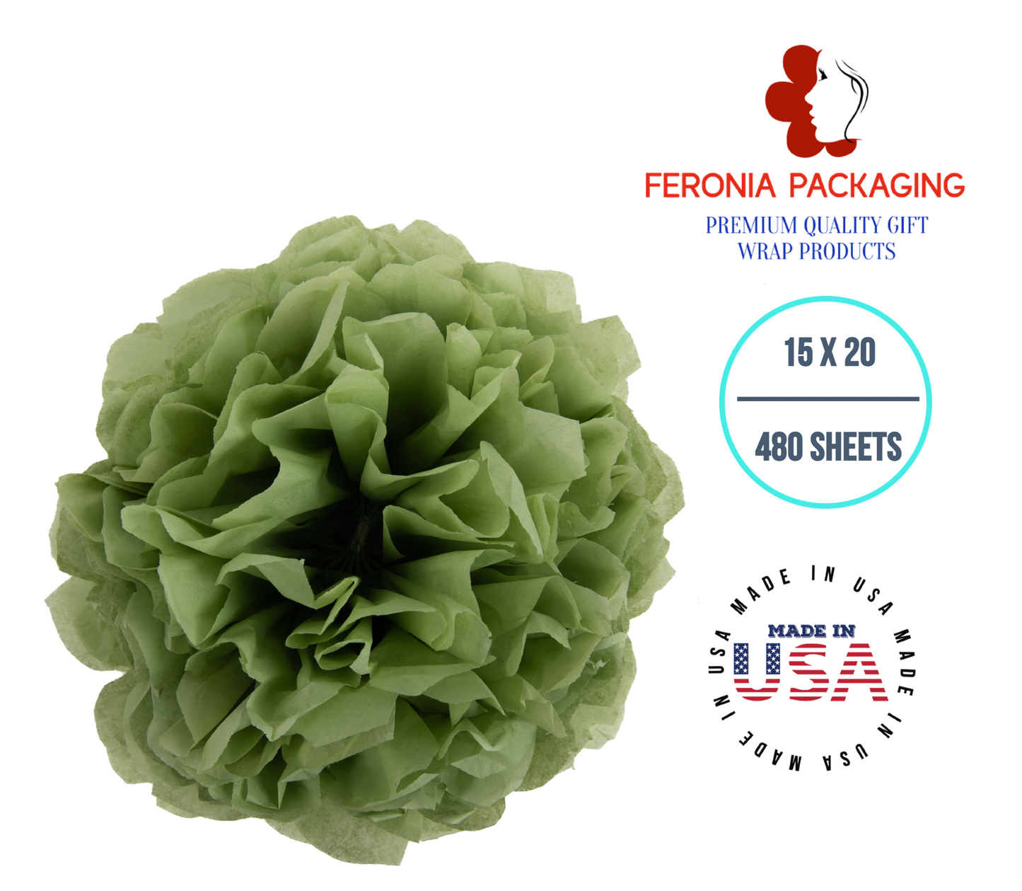 Sage Tissue Paper Squares, Bulk 480 Sheets, Premium Gift Wrap and Art Supplies for Birthdays, Holidays, or Presents by Feronia packaging, Large 15 Inch x 20 Inch