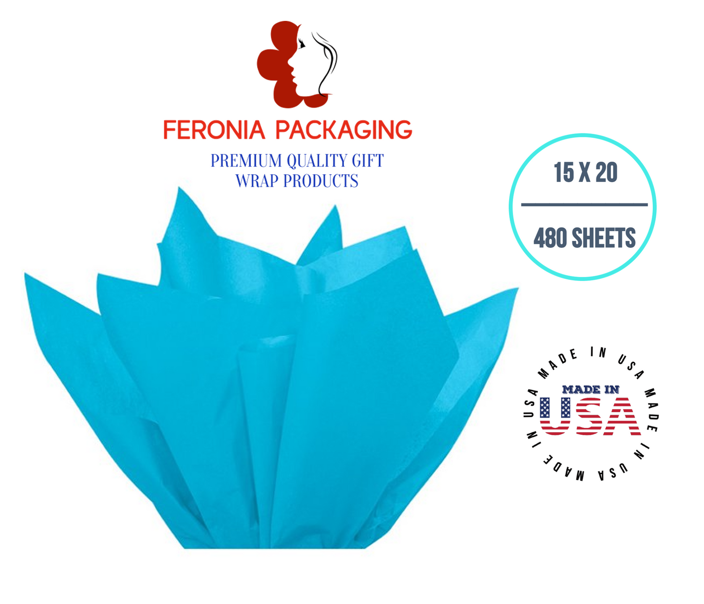 Turquoise Blue Tissue Paper Squares, Bulk 480 Sheets, Premium Gift Wrap and Art Supplies for Birthdays, Holidays, or Presents by Feronia packaging, Large 15 Inch x 20 Inch