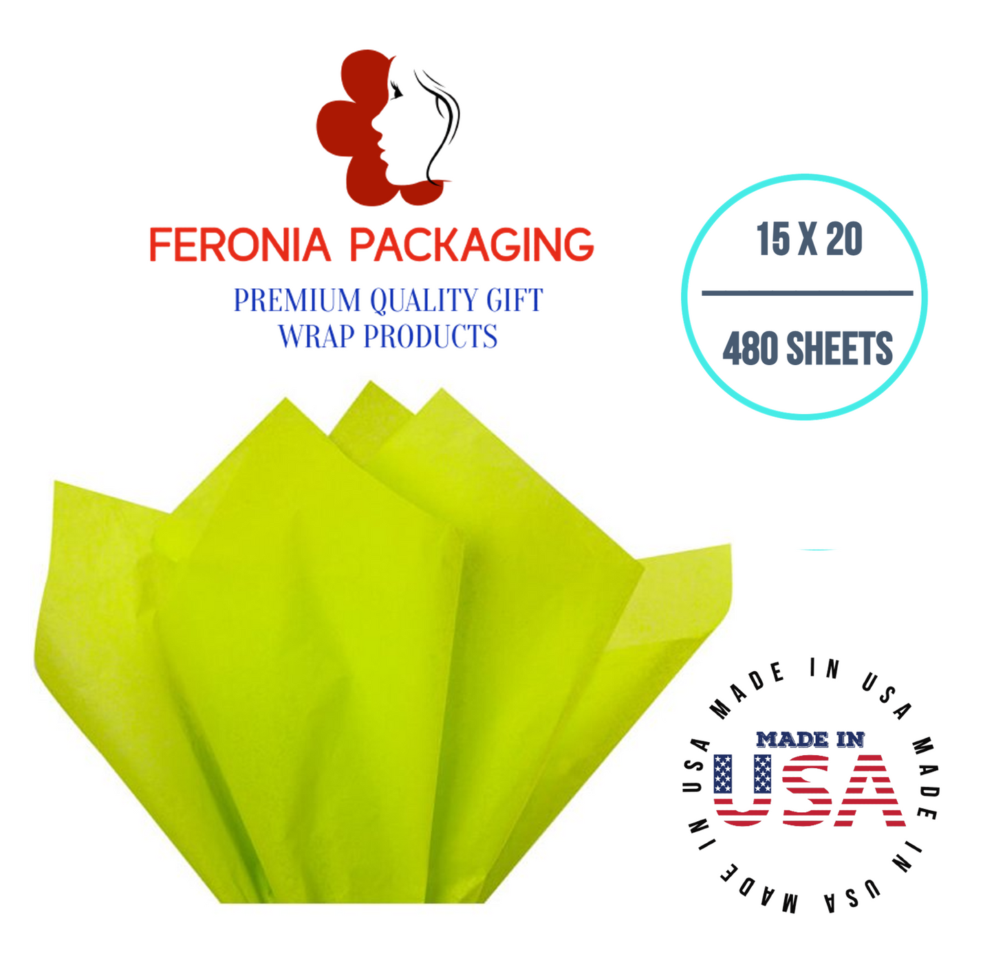 Citrus Green Tissue Paper Squares, Bulk 480 Sheets, Premium Gift Wrap and Art Supplies for Birthdays, Holidays, or Presents by Feronia packaging, Large 15 Inch x 20 Inch