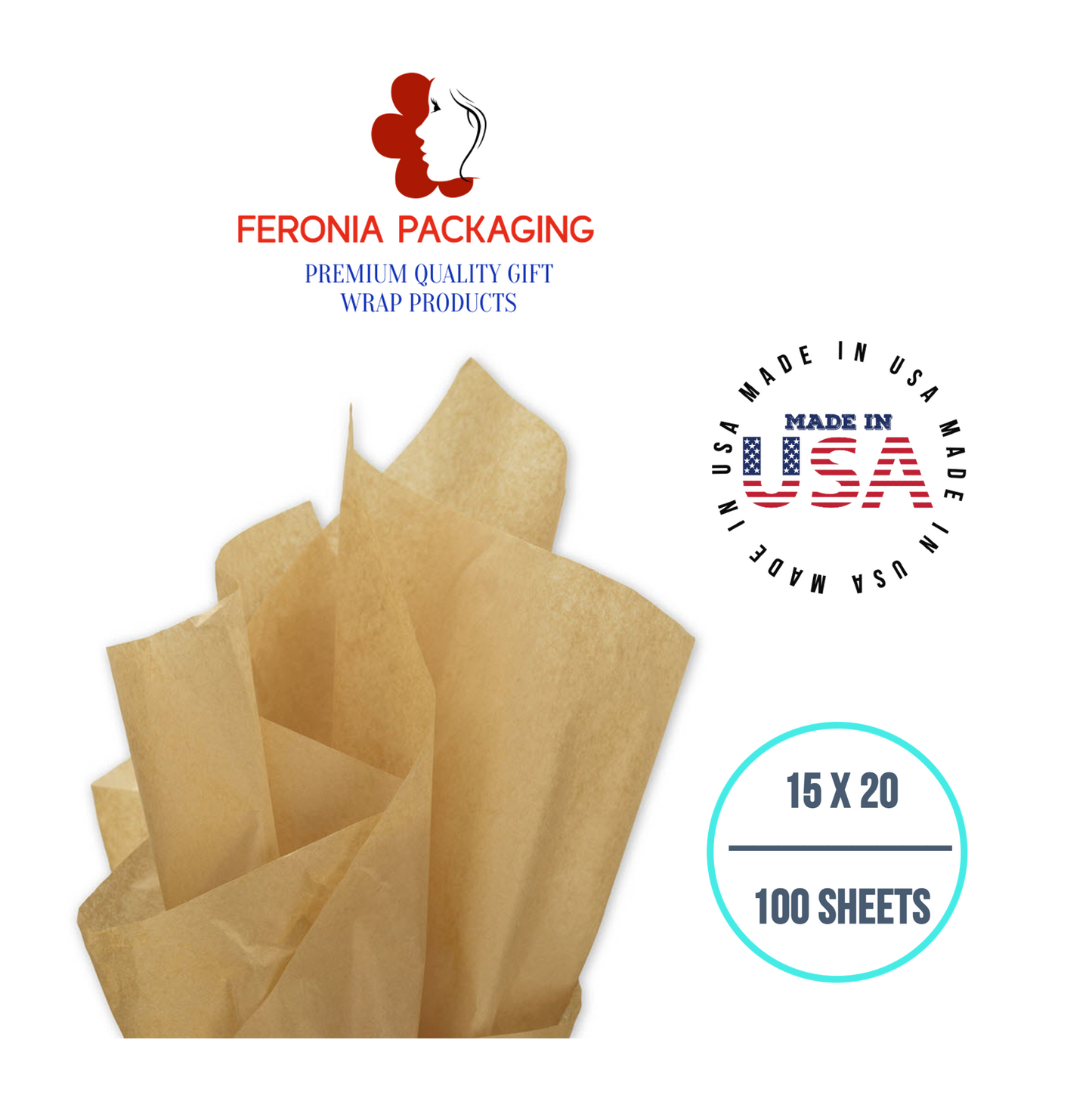 Solid Kraft Tissue Paper Squares, Bulk 100 Sheets, Premium Gift Wrap and Art Supplies for Birthdays, Holidays, or Presents by Feronia packaging, Large 15 Inch x 20 Inch