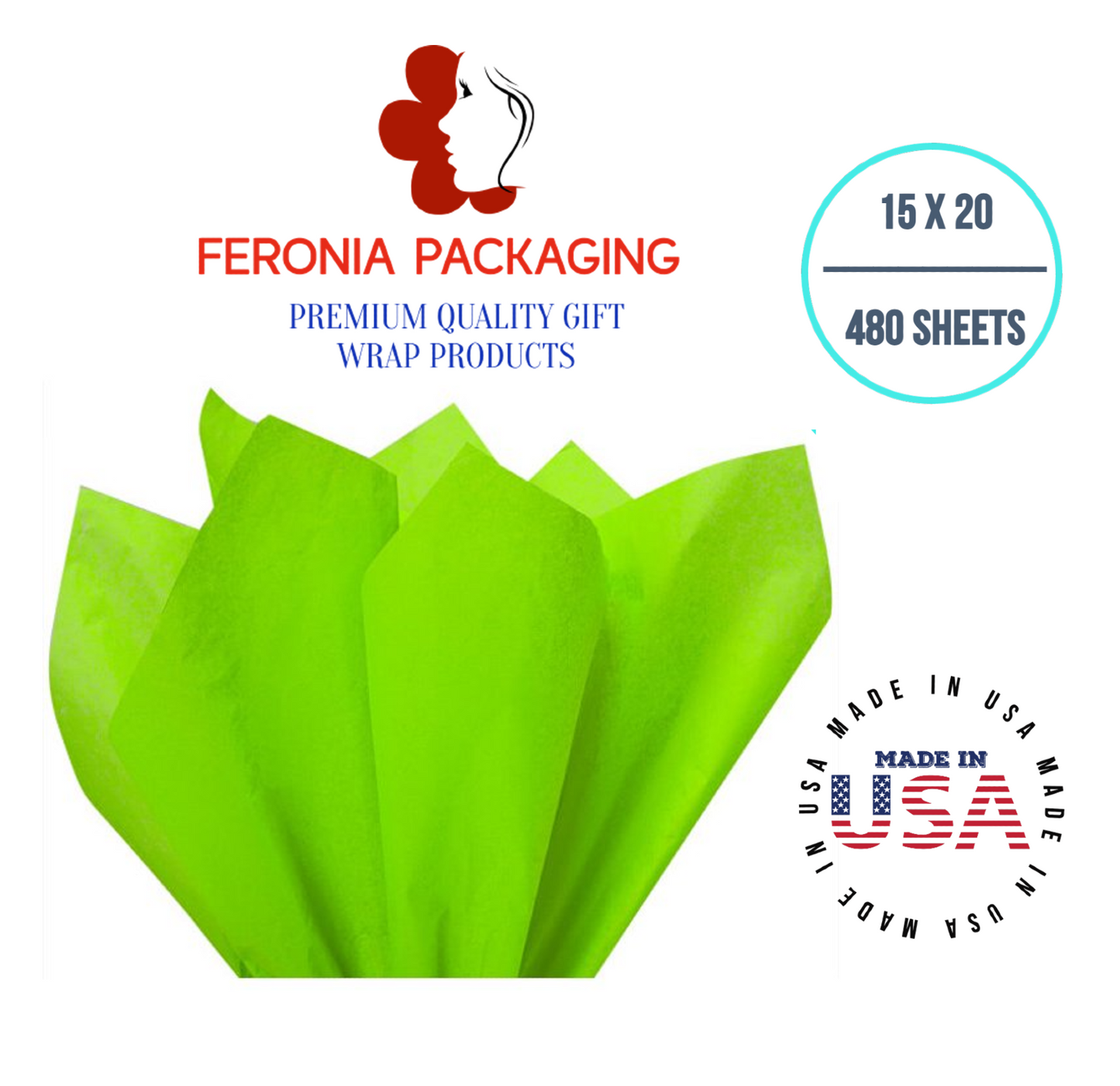 Bright Lime Tissue Paper Squares, Bulk 480 Sheets, Premium Gift Wrap and Art Supplies for Birthdays, Holidays, or Presents by Feronia packaging, Large 15 Inch x 20 Inch