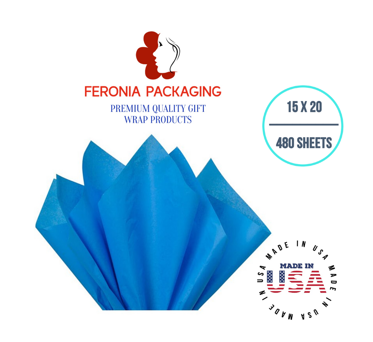 Brilliant Blue Tissue Paper Squares, Bulk 480 Sheets, Premium Gift Wrap and Art Supplies for Birthdays, Holidays, or Presents by Feronia packaging, Large 15 Inch x 20 Inch