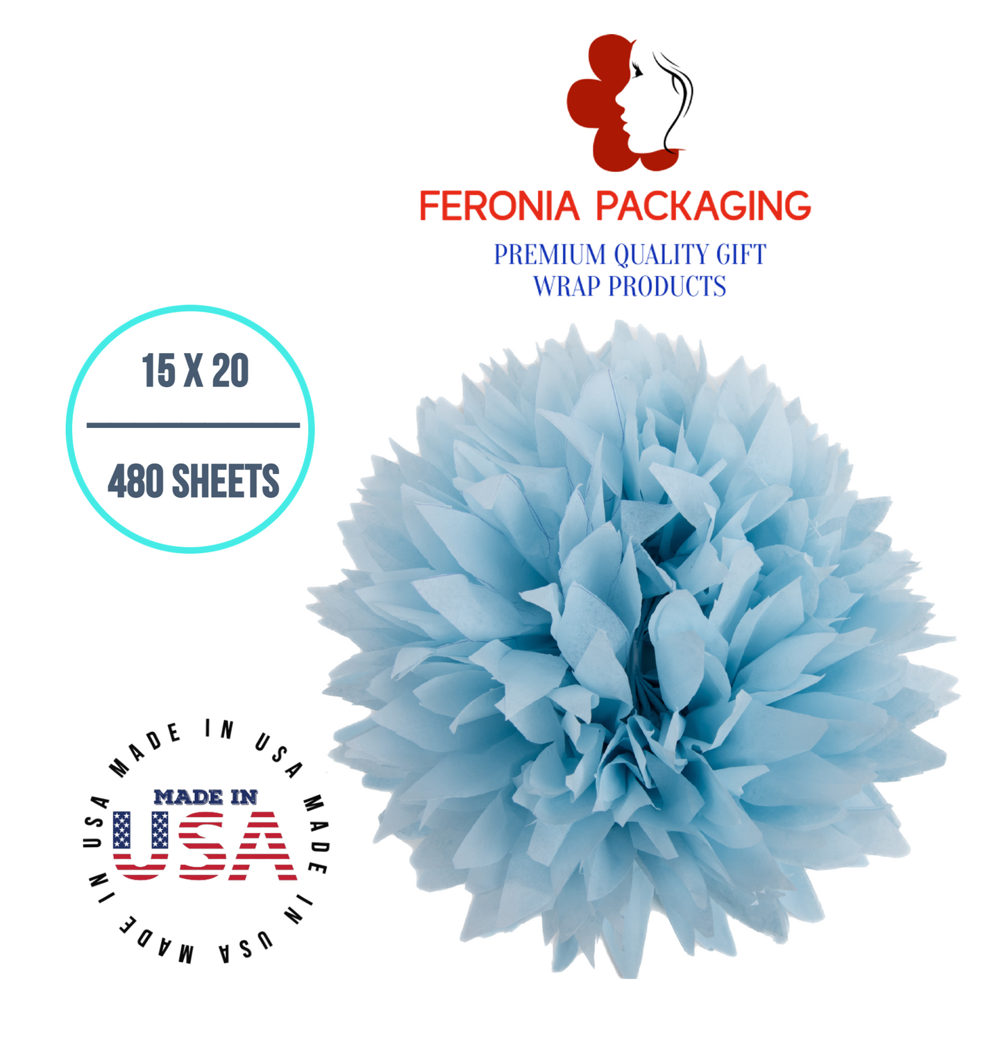 Light Blue Tissue Paper Squares, Bulk 480 Sheets, Premium Gift Wrap and Art Supplies for Birthdays, Holidays, or Presents by Feronia packaging, Large 15 Inch x 20 Inch