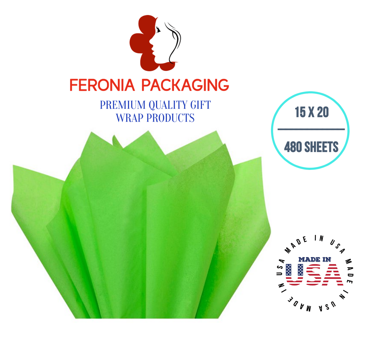 Groovy Green  Tissue Paper Squares, Bulk 480 Sheets, Premium Gift Wrap and Art Supplies for Birthdays, Holidays, or Presents by Feronia packaging, Large 15 Inch x 20 Inch