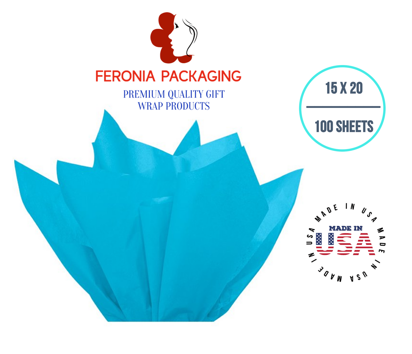 Turquoise Blue Tissue Paper Squares, Bulk 100 Sheets, Premium Gift Wrap and Art Supplies for Birthdays, Holidays, or Presents by Feronia packaging, Large 15 Inch x 20 Inch