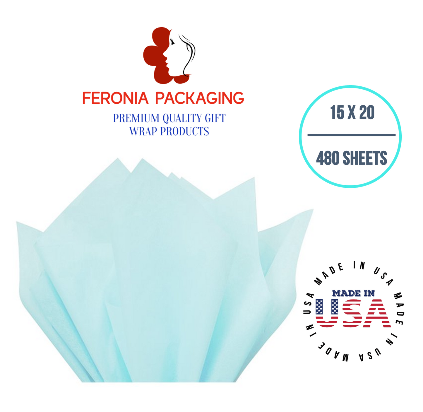 Light Blue Tissue Paper Squares, Bulk 480 Sheets, Premium Gift Wrap and Art Supplies for Birthdays, Holidays, or Presents by Feronia packaging, Large 15 Inch x 20 Inch